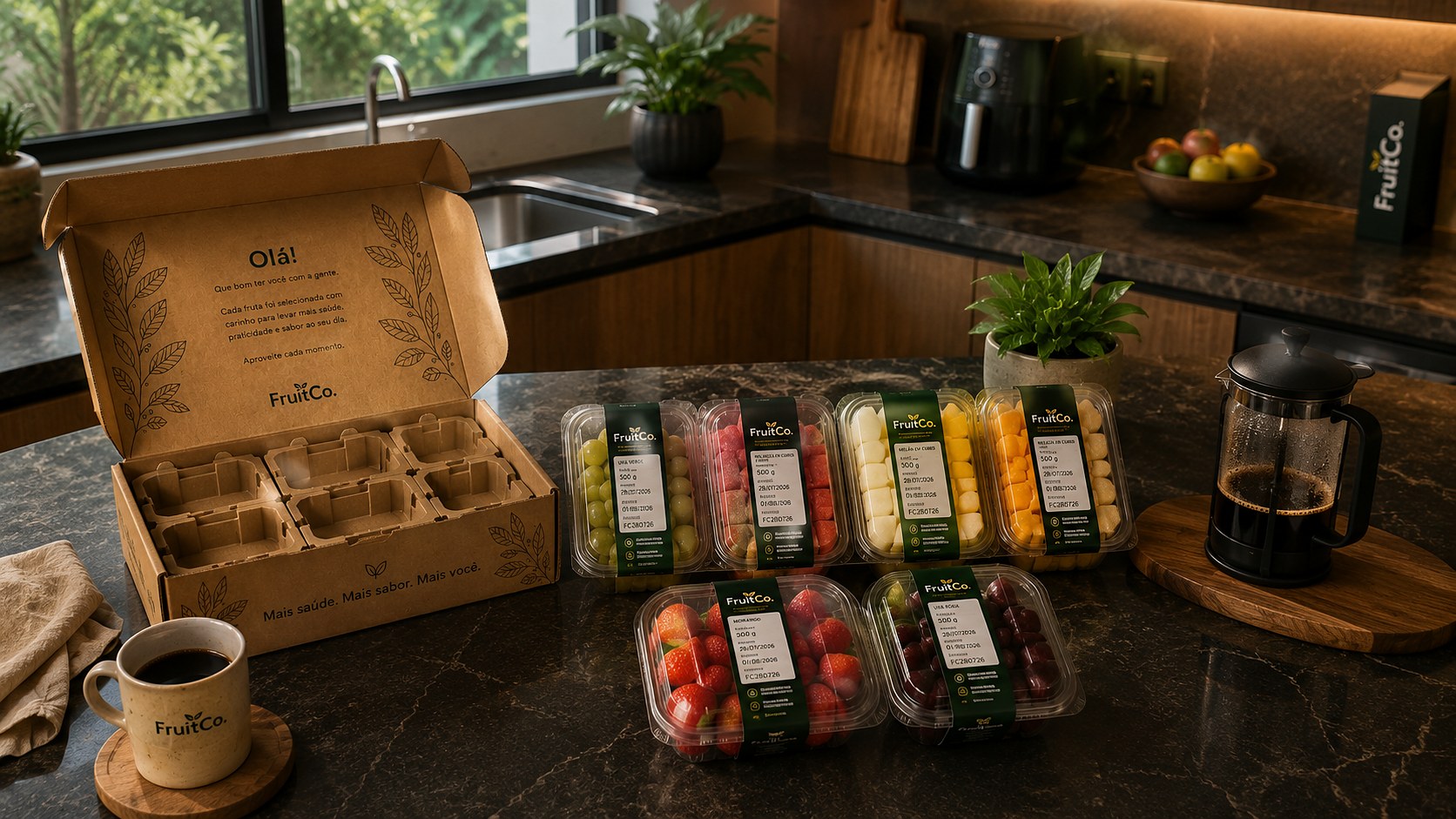 Bandejas da linha Frescor Premium alinhadas na bancada da cozinha, ao lado da caixa FruitCo