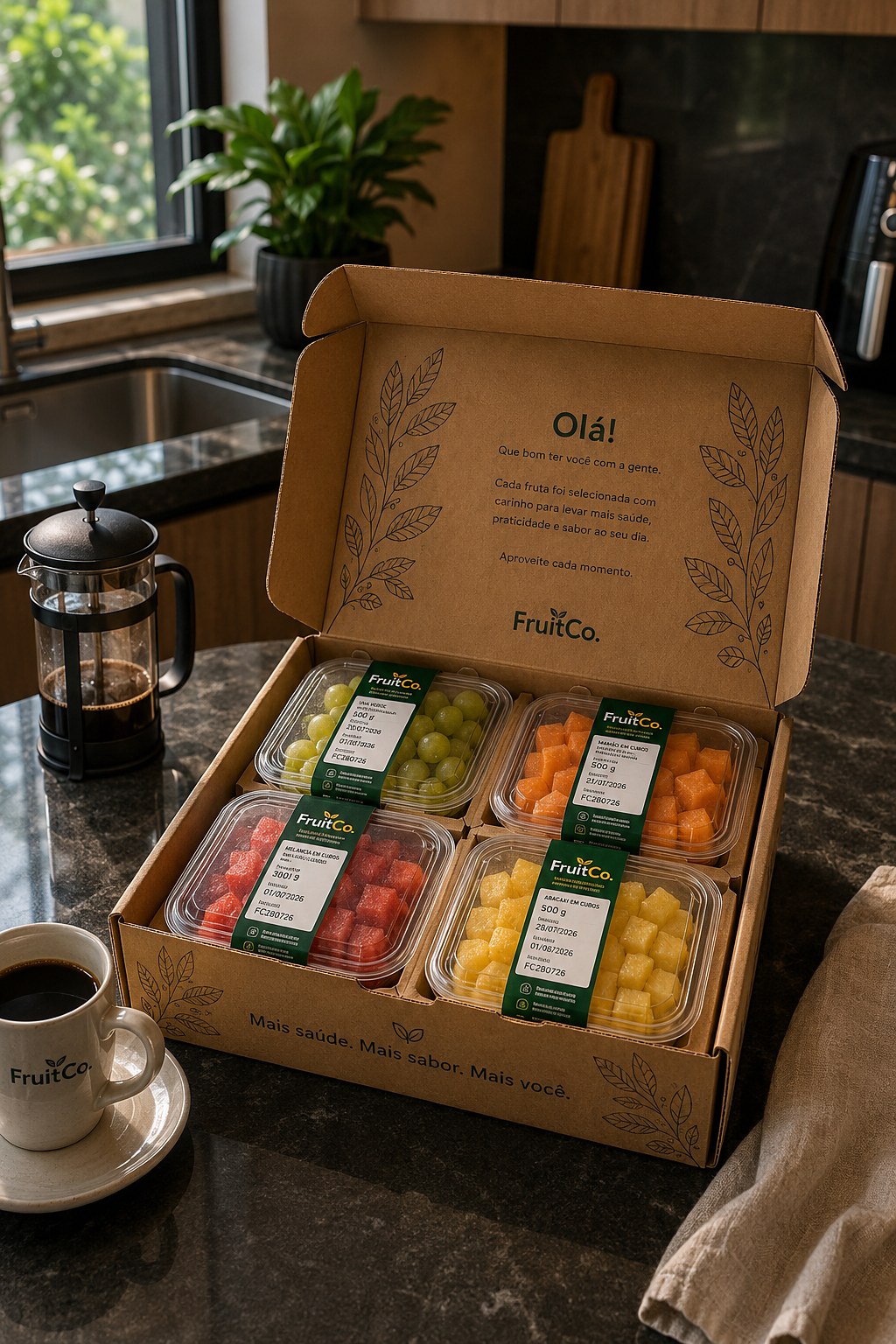 Caixa FruitCo aberta na bancada da cozinha, com a mensagem de boas-vindas na tampa e café ao lado