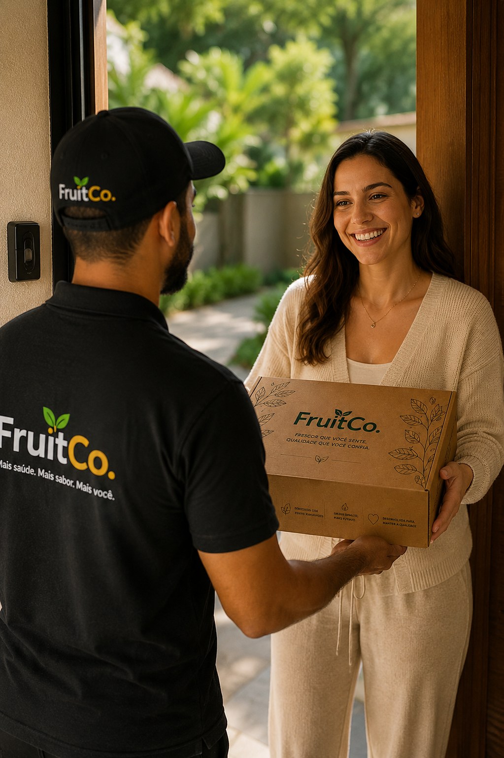 Entregador da FruitCo entregando a caixa do Clube na porta de casa