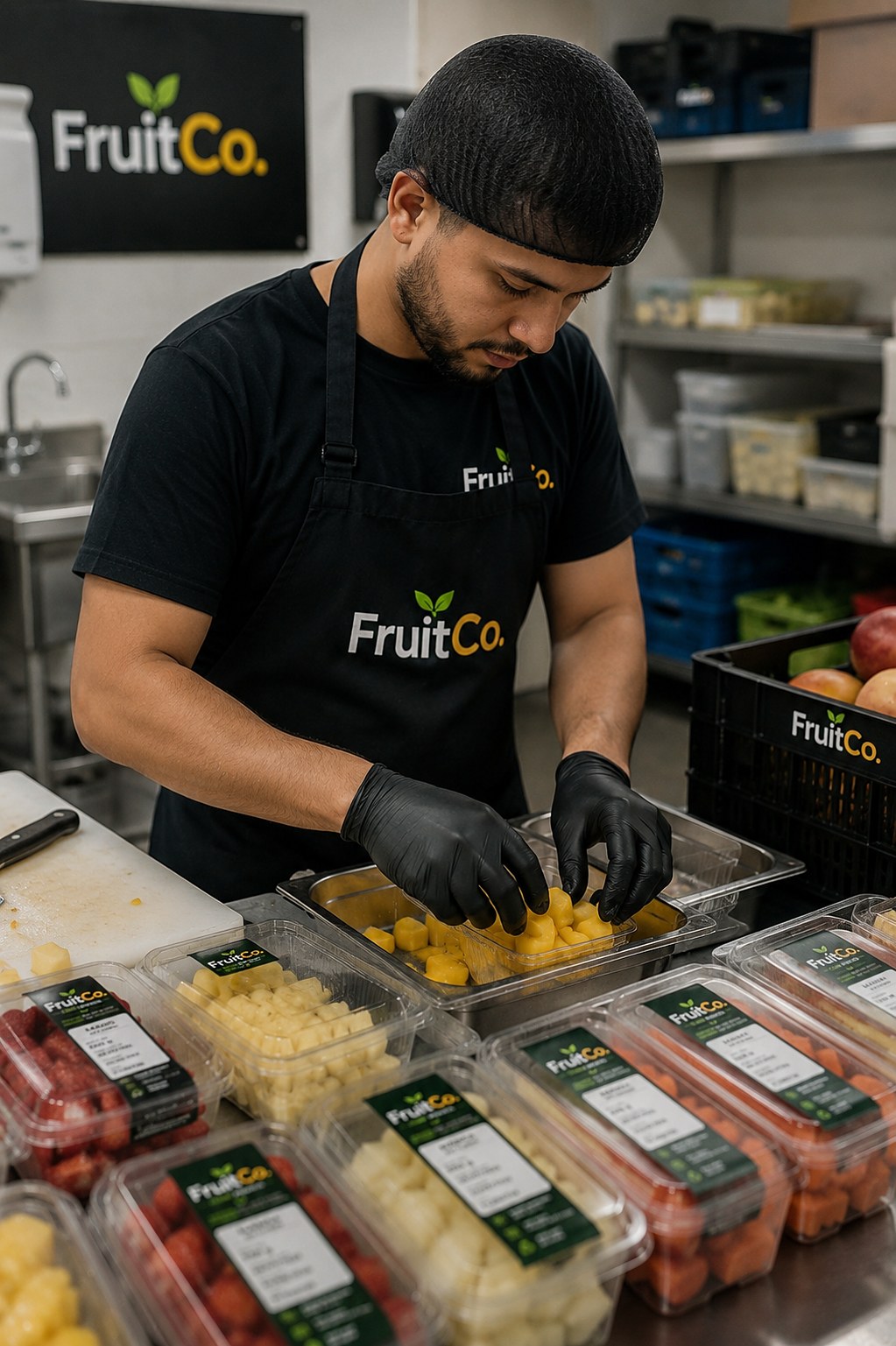 Colaborador da FruitCo embalando cubos de manga na área de produção