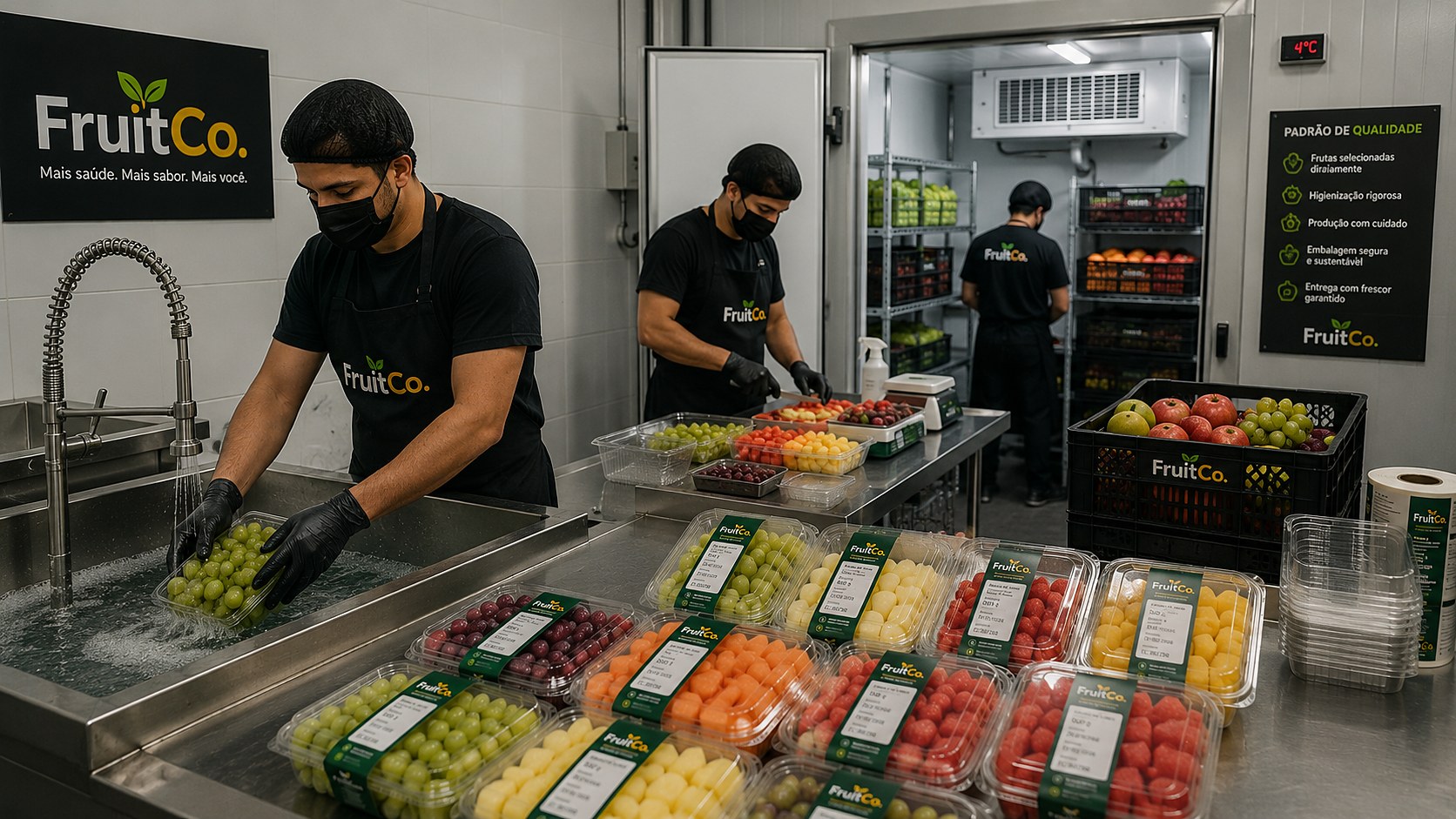 Equipe da FruitCo higienizando e embalando frutas na área de produção refrigerada