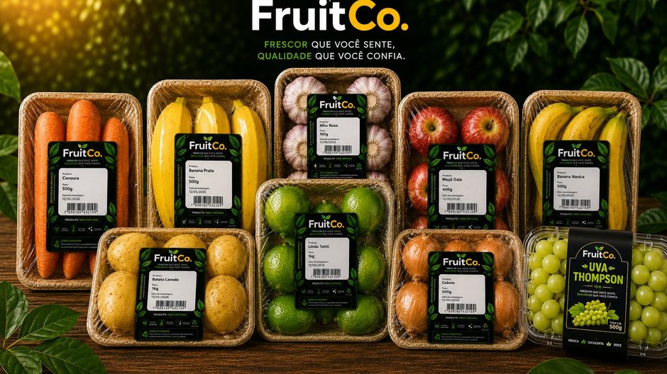 Linha de hortifrúti FruitCo em bandejas ecológicas